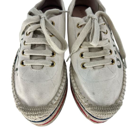 Gucci Cream Lace Up Canvas Logo Platform Espadrilles - Picture 6 of 16